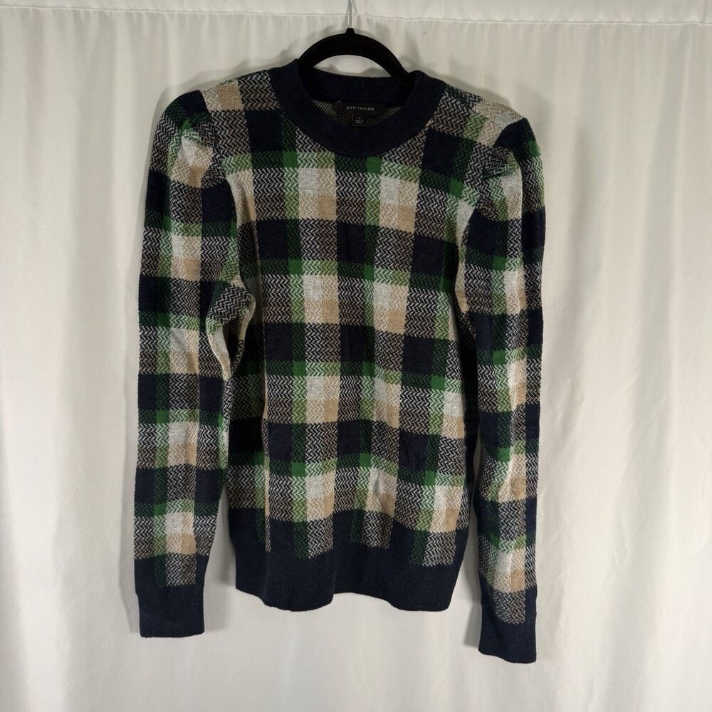New Ann Taylor Sweater Women's Medium Blue Green Plaid Pullover Soft Modal Blend
